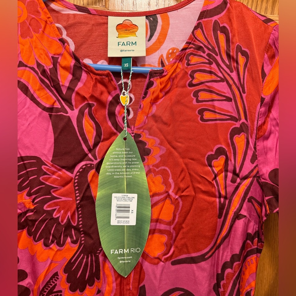 NWT Farm Rio Pink Bold Floral Long Sleeve Maxi Dress XS - Picture 2 of 5